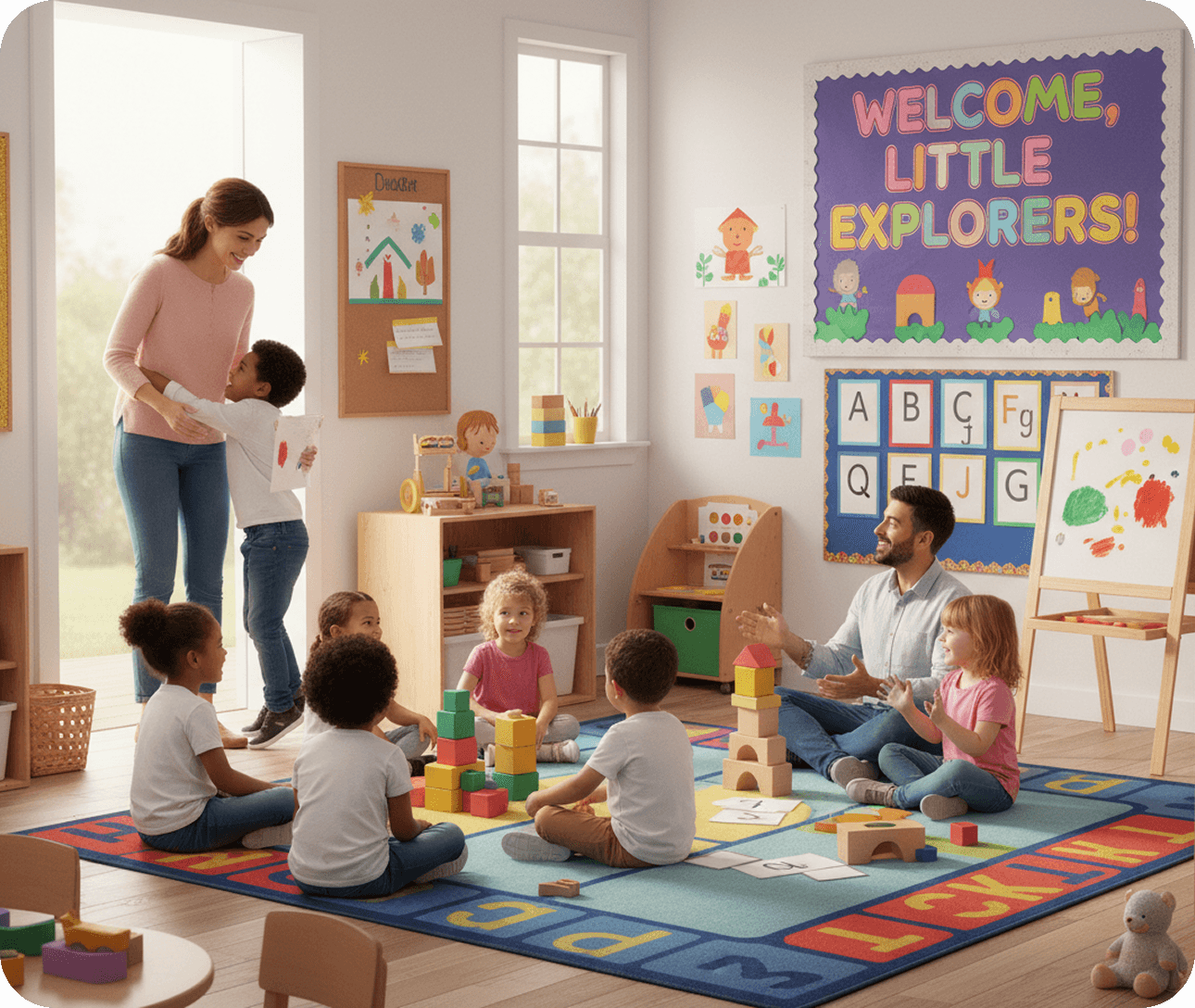 Teacher leading a guided classroom activity with preschool children.