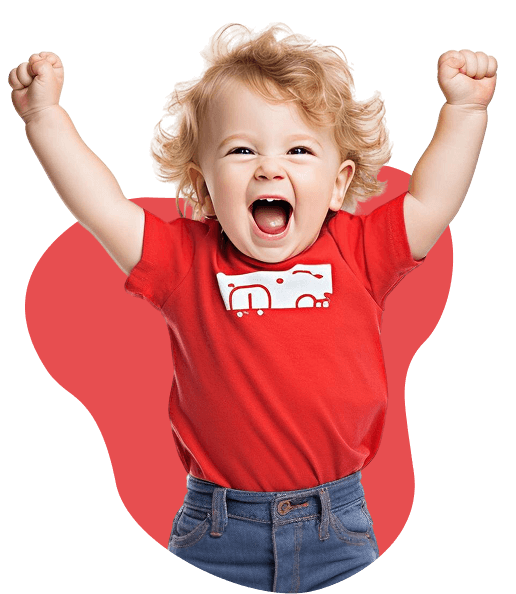 Happy child celebrating with raised hands.