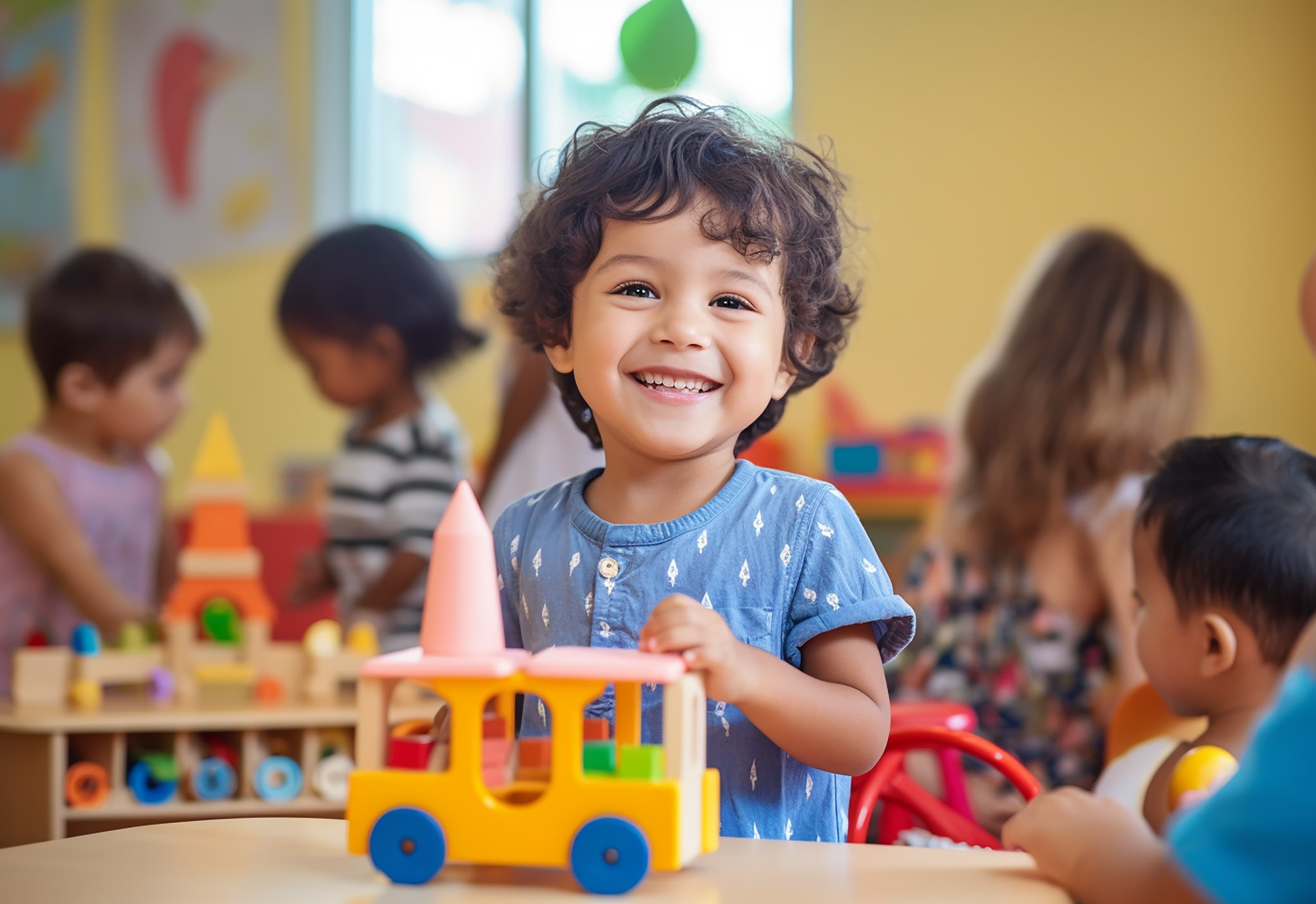 Young child playing with a toy bus in the classroom.